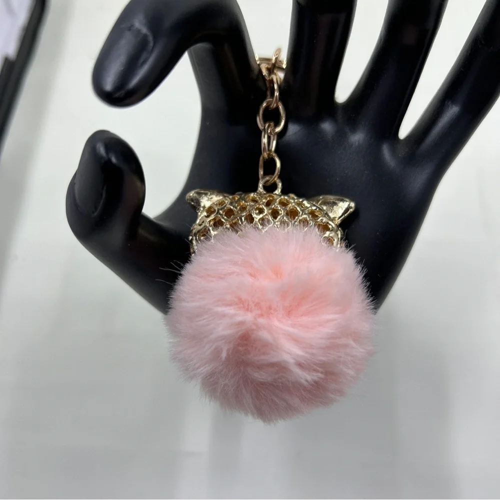 Enameled Pink Owl Rhinestone Keychain With Gold Tone Accents